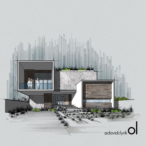 1 Point Exterior Perspective, Rendered Elevations Architecture, 1 Point Perspective Drawing Architecture, Exterior Perspective Rendering, Sketch Up Render, Architecture Rendering Styles, Modern House Design Drawing, Surrealist Sketch, Concrete Render