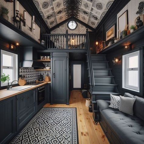 Tiny Home Ideas Tiny House Dark Interior, Tiny Home Inspiration, Gothic Tiny Home, Tiny Home 2 Story, Tiny House Black, Tiny House Gothic Style, Tiny Home Victorian, Tiny Home Floorplan 2 Story, Tiny House Loft Ideas