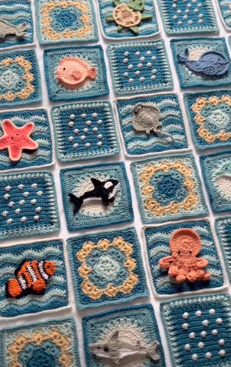 Nature Themed Granny Squares, Crochet Thread Granny Square, Sea Granny Square, Ocean Animal Crochet, Mosaic Crochet Patterns, Antique Crochet, Different Point Of View, Crochet Artist, Crochet Square Blanket