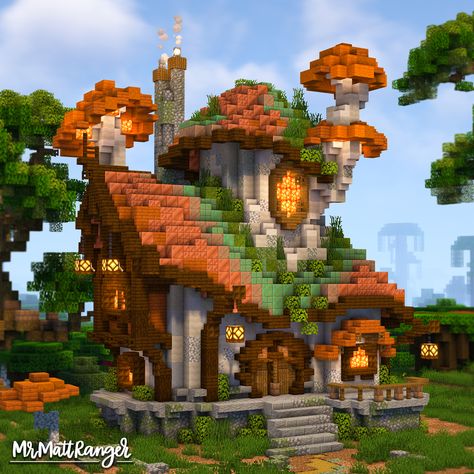 Orange mushroom shaped minecraft house with a bit of overgrown leaves and grass on the roof. Copper Gradient Minecraft, Mesa Houses Minecraft, Minecraft Spring Build, Mushroom Town Minecraft, Cherry Path Minecraft, Minecraft Building Themes, Minecraft Shop Build, Minecraft Mob Farm Design, Whimsical Minecraft House Tutorial