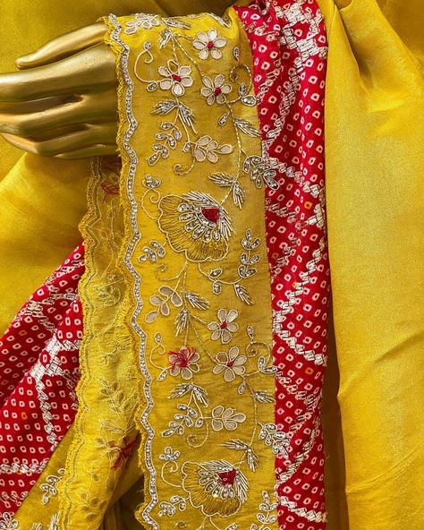 EPIC YELLOW SILK SAREE This Shiveshi Silk Saree is hand-crafted with pure Russian silk fabric and features intricate zardozi pearl, resham, and bandhani work on the border. This luxurious saree is perfect for any special occasion. Worldwide free shipping Contact us: +91-7976261840 Email: Epicsaree@gmail.com Website: www.epicsaree.com Product Code: H987462 Store Location: ———————— Epic Saree Holi ka circle, pushkar road, near shiv mandir, Pushkar-305022 #gajjisilksaree #gajisilkfabric #gaj... Luxurious Saree, Yellow Silk Saree, Bridal Anklet, Baby Christmas Photos, Outfits Woman, On The Border, Bandhani Saree, Yellow Silk, Designer Outfits