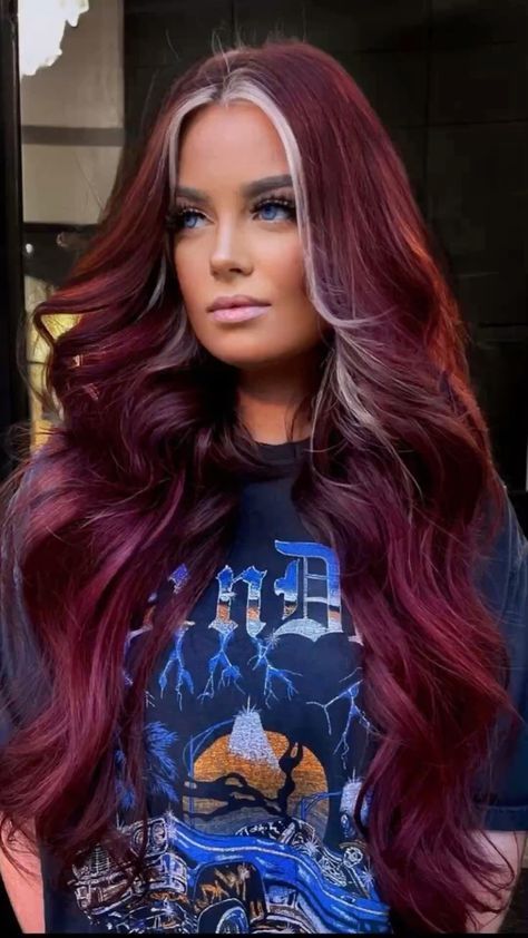 Hair Colour Ideas Ombre, Burgundy Hair With Black Money Piece, Maroon Hair Blonde Money Piece, Deep Red Hair With Blonde Money Piece, Edgy Professional Hair, Maroon Hair With Money Piece, Dark Red Hair With Blonde Peekaboos, Burgendy Hair Color, Red Hair With Silver Highlights