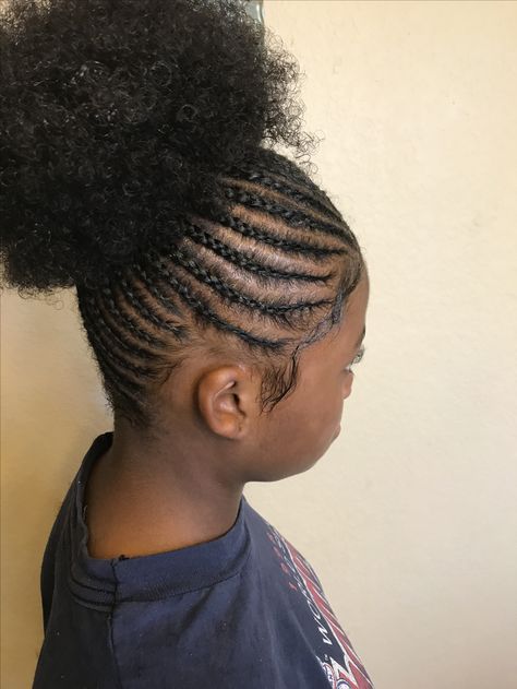 Cornrows Into A Puff, Conrow Ponytails Natural Hair, Braided Up Puff Natural Hair, Cornrow In Two Puffs, Cornrow And Puff Hairstyles, Cornrow Hairstyles For School Kids, Cornrow Afro Puff, Cornrow With Afro Puff Styles, Braided Puff Natural Hair Cornrows