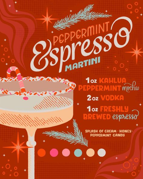 Handlettered and illustrated drink recipe for your holiday hosting needs. Peppermint Espresso Martini, Martini Illustration, Recipe Illustration, Espresso Martini Recipe, Holiday Hosting, Martini Recipe, Holiday Drink, Martini Recipes, Card Inspo