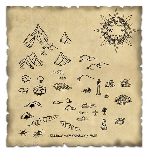 Terrain Map Symbol / Tiles cartography icons | Create your own roleplaying game material w/ RPG Bard: www.rpgbard.com | Writing inspiration for Dungeons and Dragons DND D&D Pathfinder PFRPG Warhammer 40k Star Wars Shadowrun Call of Cthulhu Lord of the Rings LoTR + d20 fantasy science fiction scifi horror design | Not Trusty Sword art: click artwork for source Fantasy Map Drawing, Map Drawing Ideas, Fantasy Map Drawing Ideas, Cartography Map, Map Sketch, Map Drawing, Fantasy Map Making, Map Symbols, Fantasy World Map