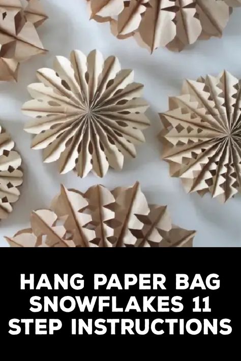 How to Hang Paper Bag Snowflakes Hanging Snowflakes In Window, Paper Bag Christmas Ornaments, 3d Paper Bag Snowflakes, Bag Snowflake Patterns, Paper Snowflakes Hanging From Ceiling, Paper Bag Snowflake Designs, Sandwich Bag Snowflake, Lunch Bag Snowflake Patterns, Diy Paper Bag Snowflakes Pattern