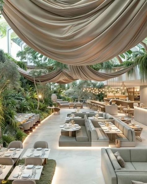 Vojtek Morsztyn on Instagram: "Botanical Bistro . . Green 🌿 restaurant oasis where lush greenery intertwines with culinary excellence, creating a unique dining experience. With fabrics gently wrapping around and grass growing beneath the tables, immerse yourself in the tranquil charm of nature while savoring unforgettable flavors.  #restaurante #interiorstyle #dinning #restaurantinterior #diningtable #lushlife #greenerydecor  #dinningdesign #restaurant #aiarchitecture #architecturephotography #interiorgreen  #restaurantdesign #interior #aiartist #interiordesigner #designisinthedetails #interior #restaurantdesign" Luxury Cafe Interior Design, Bohemian Restaurant Interior Design, Green House Restaurant, Fancy Restaurant Interior, Tropical Restaurant Design, Botanical Restaurant, Unique Restaurant Interior, Restraunt Ideas, Private Dining Room Restaurant