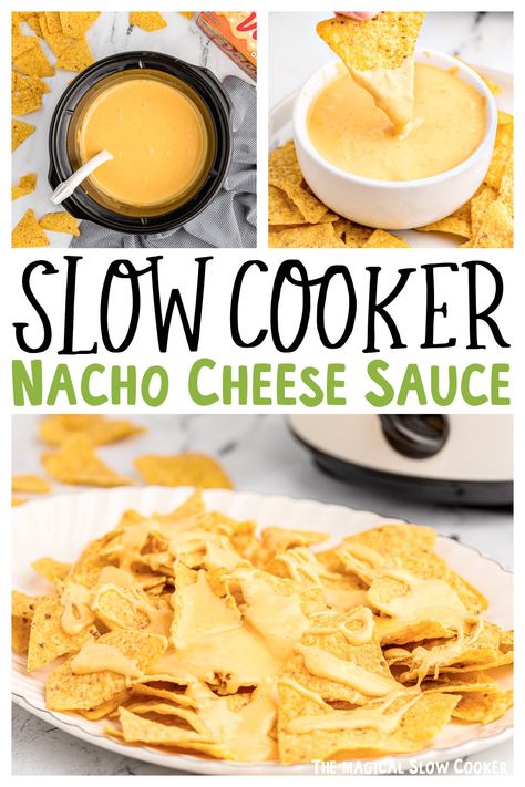 Slow Cooker Nacho Cheese Sauce, Crockpot Nachos Cheese, Nacho Cheese In Crockpot, Nacho Bar Cheese Sauce, Slow Cooker Nacho Dip, Carnival Nachos, Nacho Cheese Crockpot Recipe, Nacho Cheese Recipe Crockpot, Nacho Cheese Sauce Velveeta Crock Pot