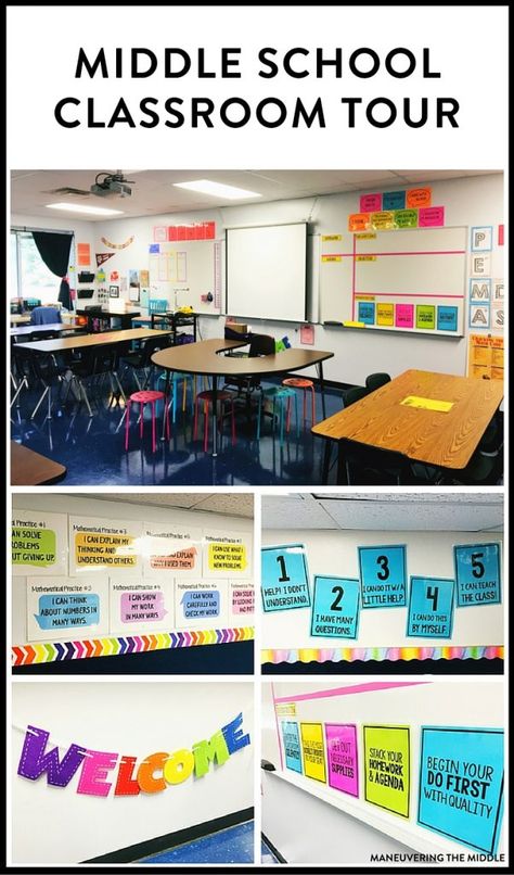 Great ideas and inspiration in this middle school classroom reveal - from decorating to small group areas to hanging posters and anchor charts. | maneuveringthemiddle.com Classroom Decor Middle, Middle School Classroom Decor, Classroom Decor High School, Classroom Tour, Middle School Math Classroom, Exit Tickets, Spring Decoration, Middle School English, Middle School Classroom