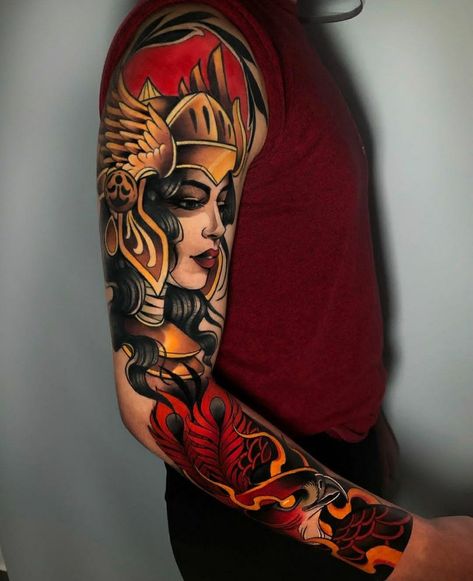 Tattoo Sleeve Neo Traditional, Neotraditional Half Sleeve, Neotraditional Sleeve, Neo Trad Tattoo Design, Neo Traditional Sleeve, Flying Phoenix Tattoo, Most Beautiful Tattoos, Fenrir Tattoo, Shoulder Movement