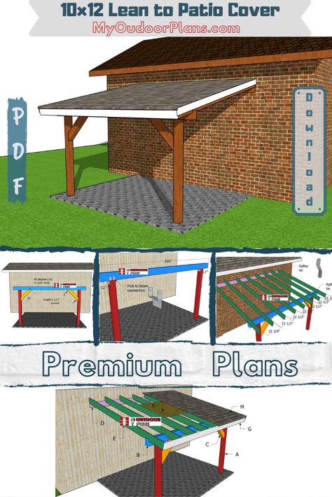 This is a step by step project on how to build a 10x12 lean to patio cover. The Premium Plan comes with full Cut & Shopping lists. A Cut Layout Diagram is also included in the Premium plans. The instructions are also accompanied with 3D diagrams, so you can get the job done in one weekend. #pergola #patiocover #diy Lean To Patio Cover, Lean To Patio, Patio Cover Plans, Covered Patio Plans, Diy Patio Cover, Covered Outdoor Kitchens, Outdoor Grill Area, Pavilion Plans, Diy Curb Appeal