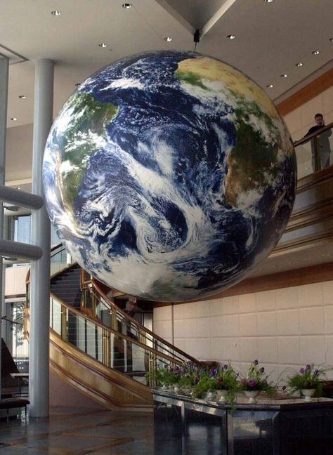 EarthBalls in lobbies and entrances. Create an amazing first impression, with a beautiful, giant, revolving world globe in your lobby or entrance. #architecture #decor #homedecor #building #design #museums #earthball Custom Globe, Rotating Globe, Globe Art, World Globes, Sacred Spaces, World Globe, Blue Marble, Space And Astronomy, Perfect Home