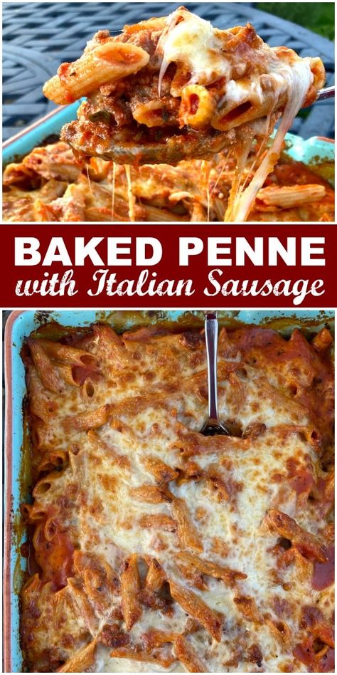 Baked Penne with Italian Sausage recipe from RecipeGirl.com #baked #penne #pasta #with #italian #sausage #recipe #RecipeGirl Pasta With Italian Sausage, Sausage Penne Pasta, Italian Sausage Recipe, Baked Pasta Recipe, Sausage Penne, Baked Penne Pasta, Baked Pasta Dishes, Penne Pasta Recipes, Baked Penne