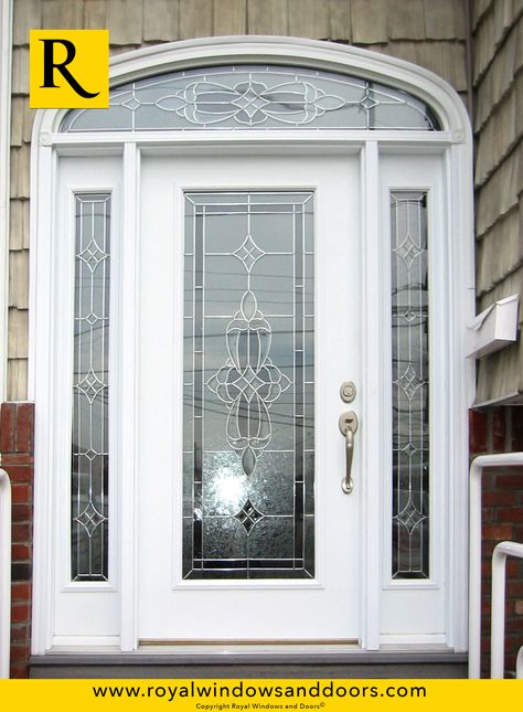 Single Entry Door , White Finish, Two Side Lites, Transom, Designer Glass Exterior Door With Glass, White Front Doors, Glass Door Entrance, White Exterior Door, Front Door With Glass, Front Doors With Glass, Entry Door With Sidelights, Single Entry Doors, Entry Door Designs