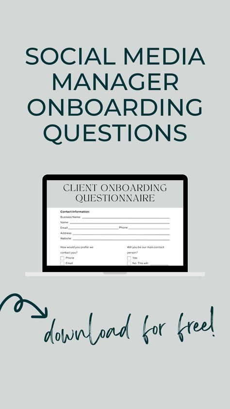 Transform your social media management approach with our FREE Client Onboarding Questionnaire. This essential tool is designed to help you understand your client's social media needs, expectations, and preferences. By gaining insight into their unique vision, you can tailor your services to achieve the best results. Don't miss out on this powerful tool to elevate your social media management game! Social Media Client Onboarding Template, Social Media Manager Client Onboarding, Social Media Client Questionnaire, Client Onboarding Questionnaire, Social Media Onboarding, Social Media Manager Tools, Comunity Manager, Client Questionnaire, Email Management