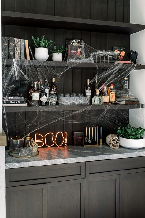 Wet Bar Halloween Decor, Halloween Decor Shelves, Halloween Shelves Decor, Amazon Halloween Decor, Halloween Bar Decorations, Halloween Bar Decor, Apartment Halloween Decor, Halloween Chic, Andee Layne