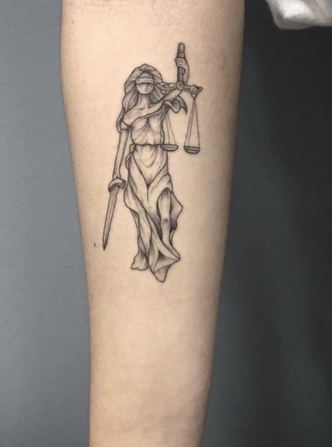 Themis Tattoo Design, Justice Tarot Tattoo, History Inspired Tattoos, Justice Tattoo For Women, Legal Tattoo, Judgement Tattoo, Athena Tattoo Minimalist, Lady Liberty Tattoo, Themis Tattoo