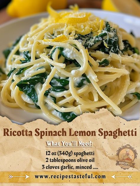 Ricotta Spinach Lemon Spaghetti, Spaghetti Dishes, Cream Spaghetti, Tasteful Recipes, Lemon Cream Sauce, Ricotta Spinach, Spaghetti With Spinach, Lemon Spaghetti, Lemon Cream Sauces