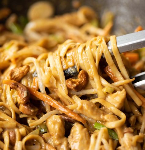 These chicken noodles are wrapped in a dreamy cashew butter sauce. Better still, they couldn't be easier to make! | www.dontgobaconmyheart.co.uk Cashew Butter Noodles, Recipes With Cashew Butter, Chicken Noodle Stir Fry, Teriyaki Chicken Noodles, Chicken Rice Noodles, Chicken Linguine, Chicken Stir Fry With Noodles, Teriyaki Noodles, Chicken Cashew Stir Fry