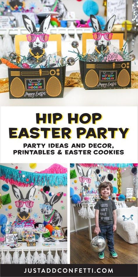 "Lettuce turnip the beet" and get dancing like "no bunny" is watching! This Hip Hop Easter Dance Party is so much fun! Full of Easter party decor and printables as well as adorable hip hop Easter cookies this party will have your guests hoppin'! Easter Theme Party, Hip Hop Hooray, Hip Hop Easter, Bunny Invitations, Easter Favors, Party Giveaways, Hip Hop Party, Printable Party Decorations, Bunny Party