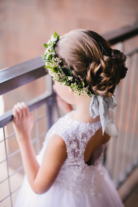 Flower Crown Updo, Flower Girl Updo, Flower Girl Wedding Hair, Kids Hairstyles For Wedding, Girls Updo, Rainy Wedding Day, Flower Braids, Geometric Hair Clip, Flower Crown Hairstyle