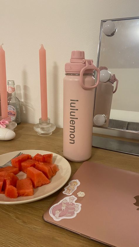 aesthetic, coquette, pink lululemon water bottle, evening, pink macbook with brandy Melville stickers, watermelon Light Pink Lululemon Water Bottle, Pink Lululemon Water Bottle, Lululemon Bottle, Iconic Nails, Lululemon Water Bottle, Wonyoung Motivation, Aesthetic Cups, Ootd School, Pink Macbook