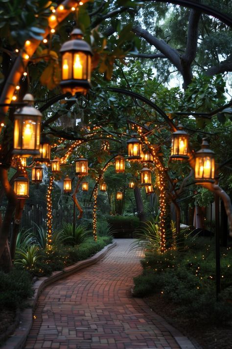 Backyard Event Space, Cool Fire Pits Backyards, Exterior Home Lighting Ideas, Outdoor Entertainment Ideas, Whimsical Yard Ideas, Wedding Walkway Outdoor, Arbor With Lights, Outside Landscaping Ideas, Outside Entertainment Areas