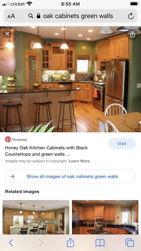 Cabinets With Green Walls, Green Kitchen Walls Oak Cabinets, Green Countertops, Green Kitchen Walls, Dark Green Kitchen, Honey Oak Cabinets, Black Countertops, Oak Kitchen Cabinets, Honey Oak