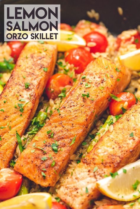 Orzo Salmon, Asparagus And Cherry Tomatoes, Salmon Orzo, Pasta Asparagus, Orzo Skillet, Salmon Skillet, Calories In Vegetables, Pan Fried Salmon, Fresh Salmon