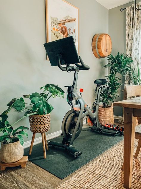 8 Home Gym Decor Ideas Just as Inspiring as Your Workout Playlist Office With Peloton Bike, Peloton Room Ideas, Peloton Room, Small Home Gym Ideas, Home Office/gym, Home Gym Set, Gym Lighting, Small Home Gym, Home Gym Setup