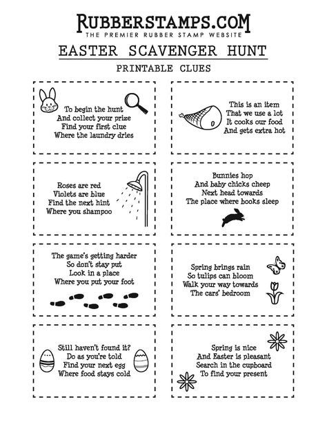 DIY Easter Scavenger Hunt Clues + Free Printable | RubberStamps.com Easter Basket Hunt, Easter Scavenger Hunt Clues, Egg Hunt Clues, Easter Egg Scavenger Hunt, Easter Egg Hunt Clues, Easter Treasure Hunt, Scavenger Hunt Riddles, Easter Egg Hunt Ideas, Egg Hunt Ideas