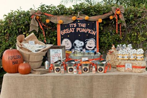 Charlie Brown Great Pumpkin Party with TONS of Ideas via KarasPartyIdeas.com: The Popcorn Bar Charlie Brown Halloween Party, Halloween Movie Night Party, Charlie Brown Party, It's The Great Pumpkin Charlie Brown, Halloween Party Planning, Peanuts Party, Snoopy Party, Great Pumpkin Charlie Brown, Pumpkin Carving Party