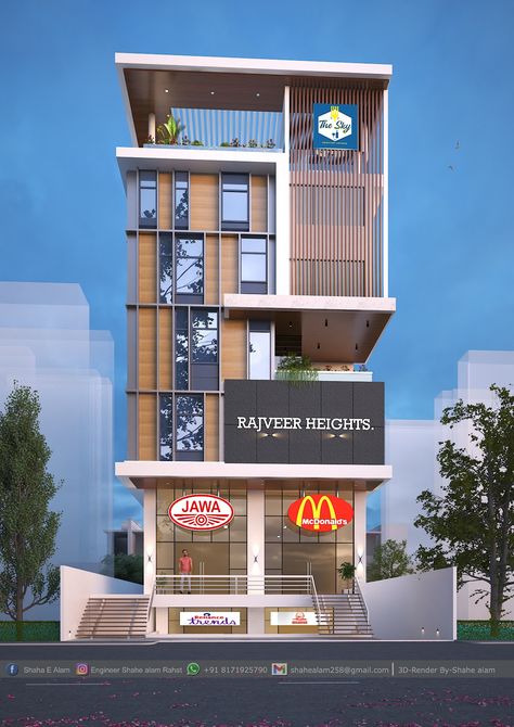 Architectural designer Contact.8171925790 Commercial Building Elevation, Commercial Design Exterior, Architectural Designer, Terrace Garden Design, Building Elevation, Commercial Complex, Front Elevation Designs, Pooja Room Door Design, Modern House Facades