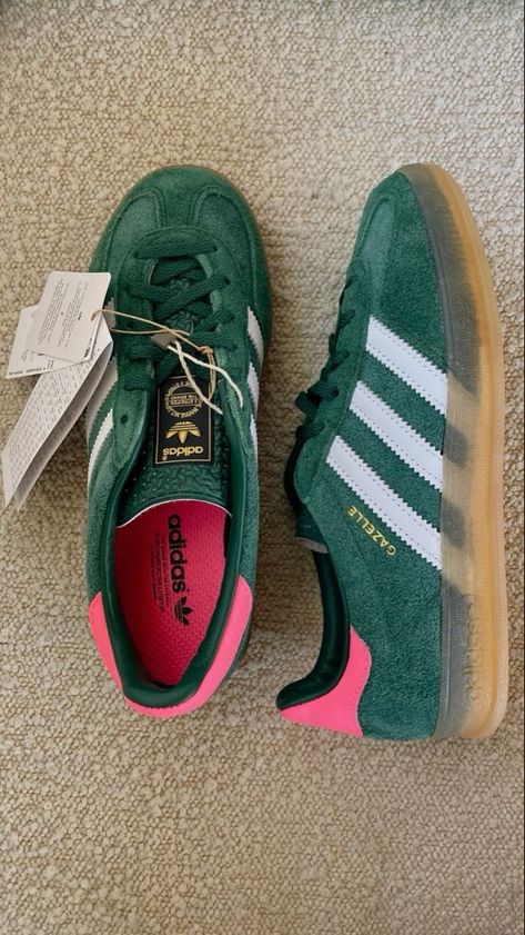 Adidas Green Gazelle, Green And Pink Gazelle, Green And Pink Adidas, Adidas Gazelle Indoor Pink, Adidas Gazelle Indoor Green, Adidas Green Shoes, Adidas Indoor Gazelle, Green And Pink Shoes, Green And Pink Sambas