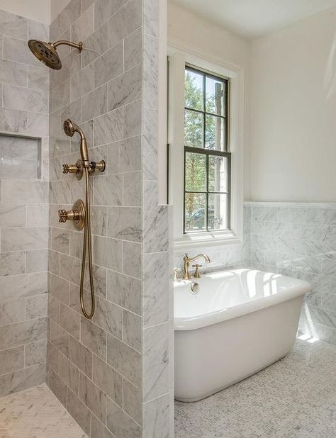 Would You Rather: Tub vs. Shower vs. Tub and Shower - Chris Loves Julia Shower Next To Tub, Grey Marble Bathroom, Bathroom Remodel Shower, Trendy Bathroom, Bathroom Redo, Dream Bathrooms, Bathroom Layout, Marble Bathroom, Grey Bathrooms