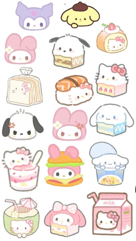 Cute Stickers Printable Kawaii Stamps, Printable Sticker Sheets, Sticker Design Inspiration, Cute Easy Doodles, Hello Kitty Crafts, Paper Toys Template, Kawaii Diy, Kitty Drawing, Stickers Kawaii