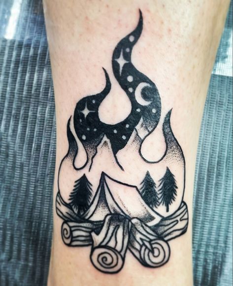 Tent Tattoo Camping, American Traditional Campfire Tattoo, American Traditional Camping Tattoo, Camping Memorial Tattoo, Campfire Tattoo Design, Glamping Tattoo, Tent Camping Tattoo, Camping Theme Tattoo, Summer Camp Tattoo Ideas