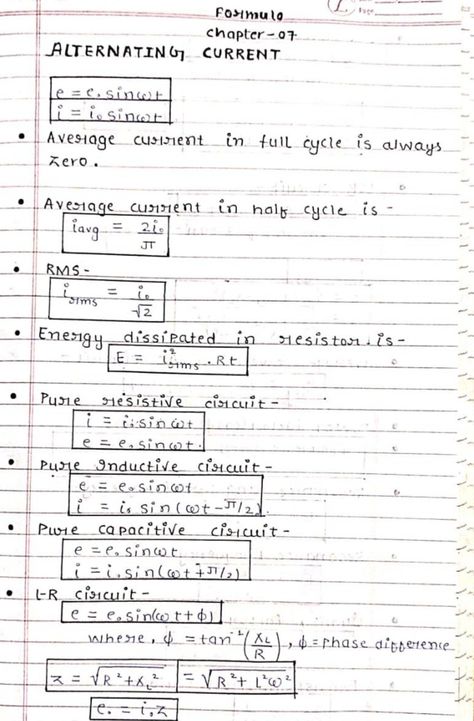 Alternating Current Notes, Current Electricity Short Notes, Alternating Current Formula Sheet, Thermodynamics Formulas, Physics Notes Ideas, Physics Flashcards, Basic Physics Formulas, Study Physics, Neet 2024