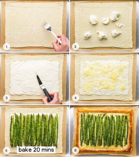 This Asparagus tart is made so easy using puff pastry! It's the perfect appetizer, brunch, lunch, or light meal that you can make when asparagus is in season! Flaky, light and buttery puff pastry layered with garlicky cream cheese and savory Gruyere cheese, topped with well seasoned roasted asparagus. Delicious! Asparagus Recipes For Thanksgiving, Asparagus And Puff Pastry Recipes, Puff Pastry With Asparagus, Asparagus Recipes Baked Puff Pastry, Puff Pastry Recipes Savory Tart, Phyllo Dough Asparagus Recipes, Asparagus Pastry Puff Appetizers, Asparagus Appetizer Recipes, Puff Pastry Tart Savory