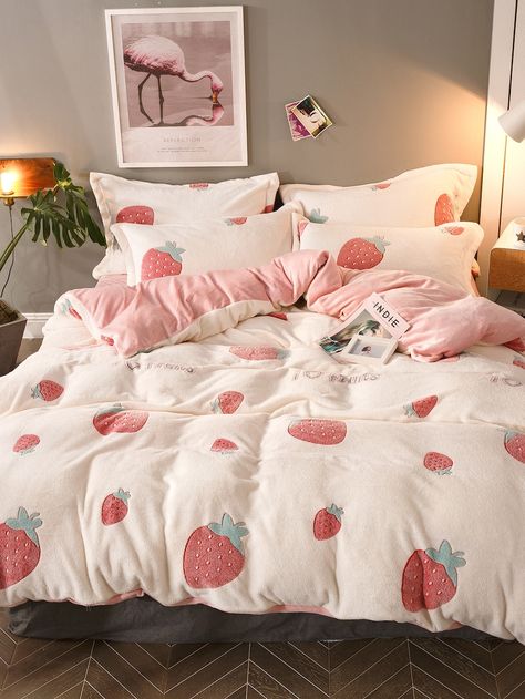 Strawberry Print Sheet Set -SheIn(Sheinside) Pastel Room, Cute Bedroom Decor, Cozy Room Decor, Strawberry Print, Dream Room Inspiration, Room Makeover Bedroom, Room Makeover Inspiration, Cute Room Decor, Cozy Room