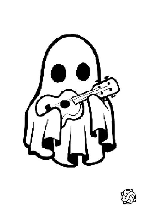 Ghost With Guitar Tattoo, Ghost Music Tattoo, Ghost With Guitar, Ghost Playing Guitar, Ghost Guitar, Ukulele Tattoo, Japanese Tattoo Words, Guitar Drawing, Ghost Drawing