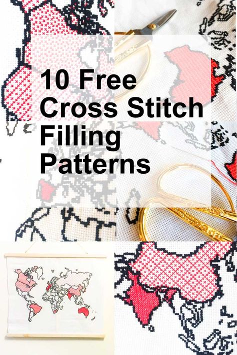 10 Beautiful and Easy filling patterns for cross stitch projects. Great for filling our world map cross stitch pattern, but you can also use it for many other projects.  #crossstitch #crossstitchpattern #free #borduren #puntodecruz #pointdecroix #pontecroce #kreuzstich Outline Cross Stitch, Filling Patterns, Subversive Cross Stitches, Free Cross Stitch Patterns, Cross Stitch Cushion, Cross Stitch Border Pattern, Sashiko Pattern, Cross Stitch Tutorial, Map Outline