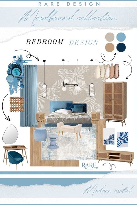 Bedroom Wallpaper Blue, Costal Interior Design, Bedroom Design Board, Blue And White Bedroom, Mood Board Bedroom, Blue Moodboard, Coastal Style Bedroom, Bedroom Moodboard, Mediterranean Interior Design