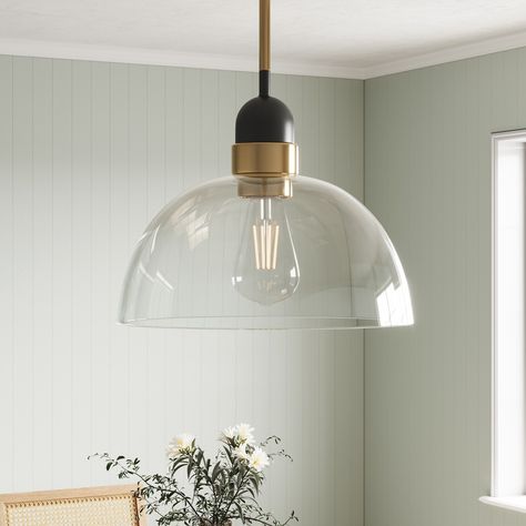 Industrial Matte Black Glass Shade Pendant Light with Brass Finish - Bed Bath & Beyond - 38235244 Mccarthy Glass Pendant, Gold Bathroom Pendant Lighting, Large Glass Kitchen Pendant Lights, Glass Kitchen Island Pendant Lights, Glam Pendant Lights, Island Pendants 8 Ft Ceiling, Kitchen Island Pendents, Modern Rustic Pendant Lighting, Bronze Kitchen Pendant Lights