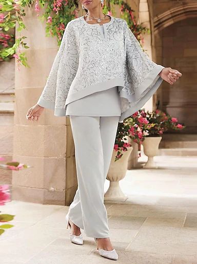 Jumpsuit / Pantsuit 3 Piece Mother of the Bride Dress Wedding Guest Elegant Jewel Neck Floor Length Chiffon Long Sleeve with Sequin 2024 2024 - AU $291.19 Dress Formal Wedding Guest, Formal Wedding Guests, Lace Sleeveless Top, Lace Top Long Sleeve, Mother Of The Bride Dress, Chiffon Skirt, Suit Pants, Jewel Neck, Chiffon Lace