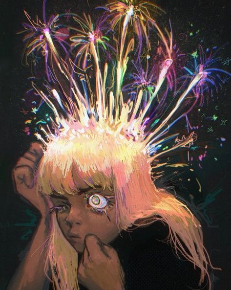 Sophia Volovik 🧚🔪 on Instagram: "Exploding head syndrome 🎇🎆🎇🎆🎇" Head Explode Art, Head Exploding, Exploding Head Syndrome, Exploding Head, Brain Drawing, Pen Projects, Manga Covers, Funky Art, Drawing Reference