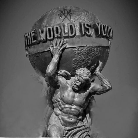 Ancient Greek Statues Aesthetic, Dios Griego Tattoo, God Statue Tattoo, The World Is Yours Statue, Greek Sculpture Tattoo, Atlas Tattoo Design, Atlas Holding The World, Back Piece Tattoo Men, Atlas Sculpture