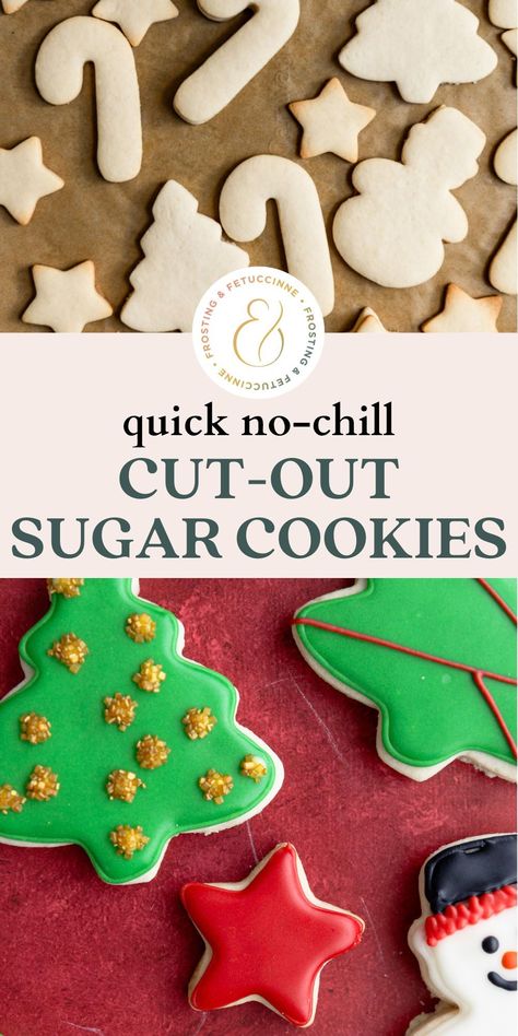 This quick cut out sugar cookie recipe is so easy and can be made in 30 minutes or less. These easy sugar cookies are sweet, crunchy, and require no chill time at all! Plus, they don't puff up or spread at all in the oven, they hold their shape perfectly - even on sharp edges. These are the perfect holiday cookies to decorate with royal icing or add to your cookie boxes! No Fail Sugar Cookie Cutouts, Best Sugar Cookie Recipe Cutout Without Almond Extract, Non Refrigerated Sugar Cookie Recipe, Best Sugar Cookie Dough For Cutouts, No Freeze Sugar Cookies, Recipe For Sugar Cookies To Decorate, No Chill Shortbread Cookies, Cookie Recipes For Royal Icing, Easiest Sugar Cookie Cut Out Recipe