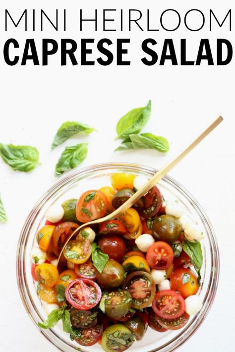 This quick and easy Mini Heirloom Caprese Salad is not only crazy adorable, it takes five minutes to throw everything together and is perfect for summer! thetoastedpinenut.com #thetoastedpinenut #caprese #salad #heirloom #tomato #mozzarella #summer #quick #easy #healthy #glutenfree Mini Caprese Salad, Caprese Salad Recipe, Shrimp Salad Recipes, Gluten Free Main Dishes, Seasonal Salad, Pine Nut, Tomato Mozzarella, Long Holiday, Chicken Salad Recipes