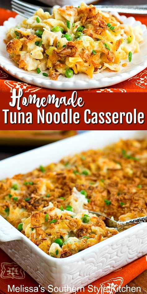 No canned soups needed to make this Homemade Tuna Noodle Casserole #tunacasserole #tunanoodlcasserole #casseroles #tunarecipes #seafood #casserolerecipes #pasta #dinnerideas #dinner #southernfood #southernrecipes Homemade Tuna Noodle Casserole, Tuna Noodle Casserole Easy, Canned Recipes, Tuna Dishes, Favorite Casserole Recipes, Tuna Casserole Recipes, Spring Meals, Pantry Recipes, Tuna Noodle